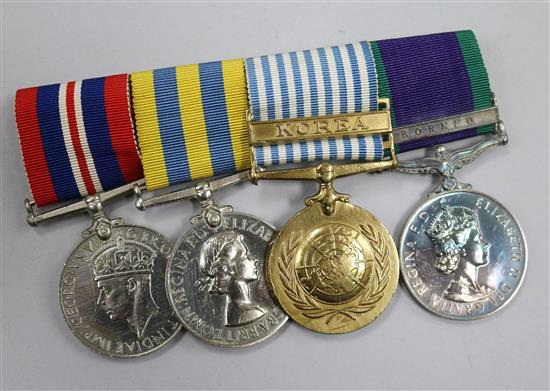 A WWI/QEII Korea medal group to S.Sgt L.W. Ledger Int-Corps including GSM with Boreo Clasp, UN Korea Medal, Korea medal and WWII medal